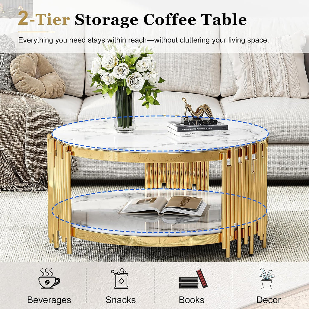 Round 2-Tier Coffee Table, 37' White Faux Marble Top and Gold Stainless Steel Frame, Luxury Modern Center Table for Living Room, Office or Apartment