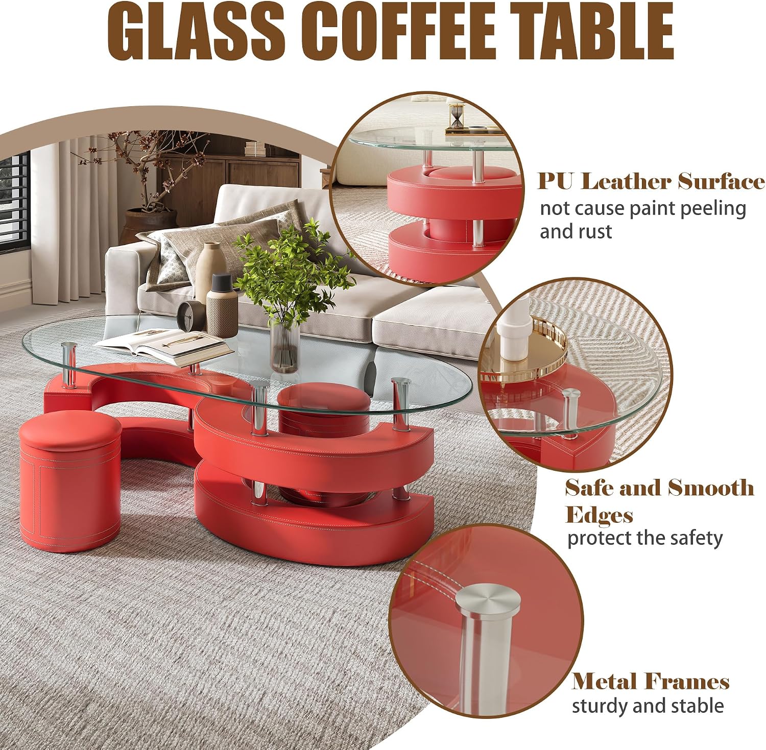 Glass Coffee Table Set With 2 Stools, 49' Oval With Tempered Top and Leather Stools, Modern Center Table for Living Room, Home Office