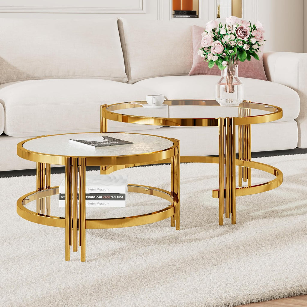 Merax 2-Piece Nesting Round Coffee Table Set, Gold Finish Metal Frame with Textured Tempered Glass Tops, Modern Stylish Accent & Side Table for Living Room, Bedroom, Apartment, Office, Transparent