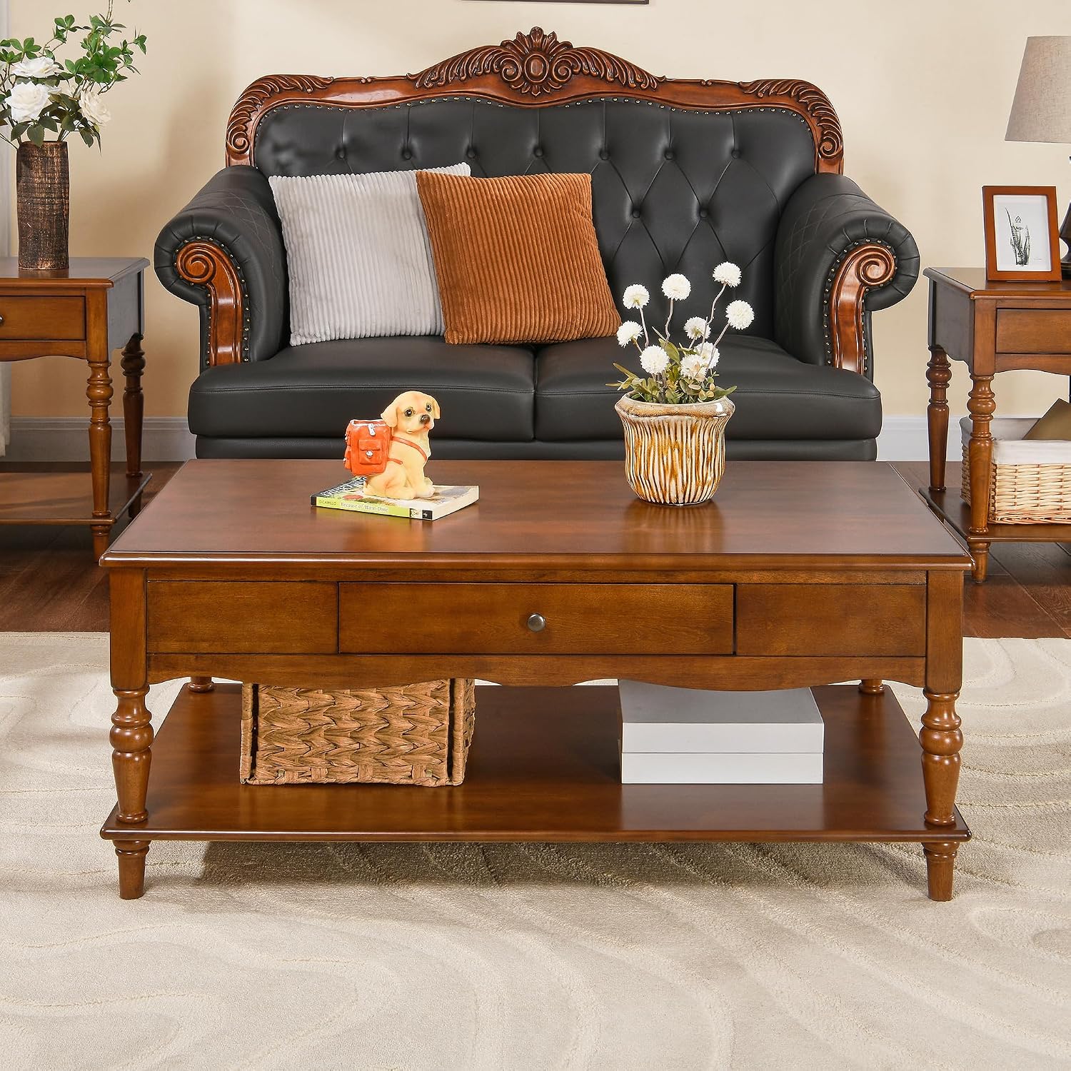 Rectangular Coffee Table with 2 Storage Drawers, Mid-century Solid Wood Living Room Table with Carved Leg, Elegant Vintage Center Table, No-Tools Assembly, 43.3'L x 23.6'W x 18'H Caramel Brown KFZC008