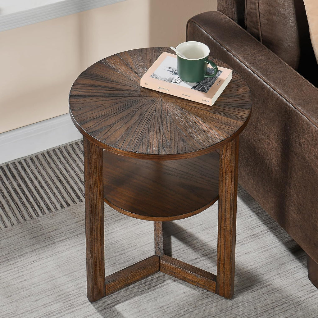 PADMA HOUSE 19.3' Round Wood End Table, 2-Tier Solid Wood Rounded Accent Side Table Circle Nightstand Table with Storage Shelf Vintage Furniture for Home Living Room Bedroom,Rustic Brown 3338NC