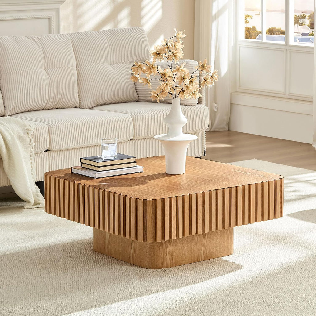 WILLIAMSPACE 31.5' Square Coffee Table with Sturdy Base, Modern Luxury Wood Drum Center Table Accent End Side Table for Living Room, Minimalist Fluted Design, Oak