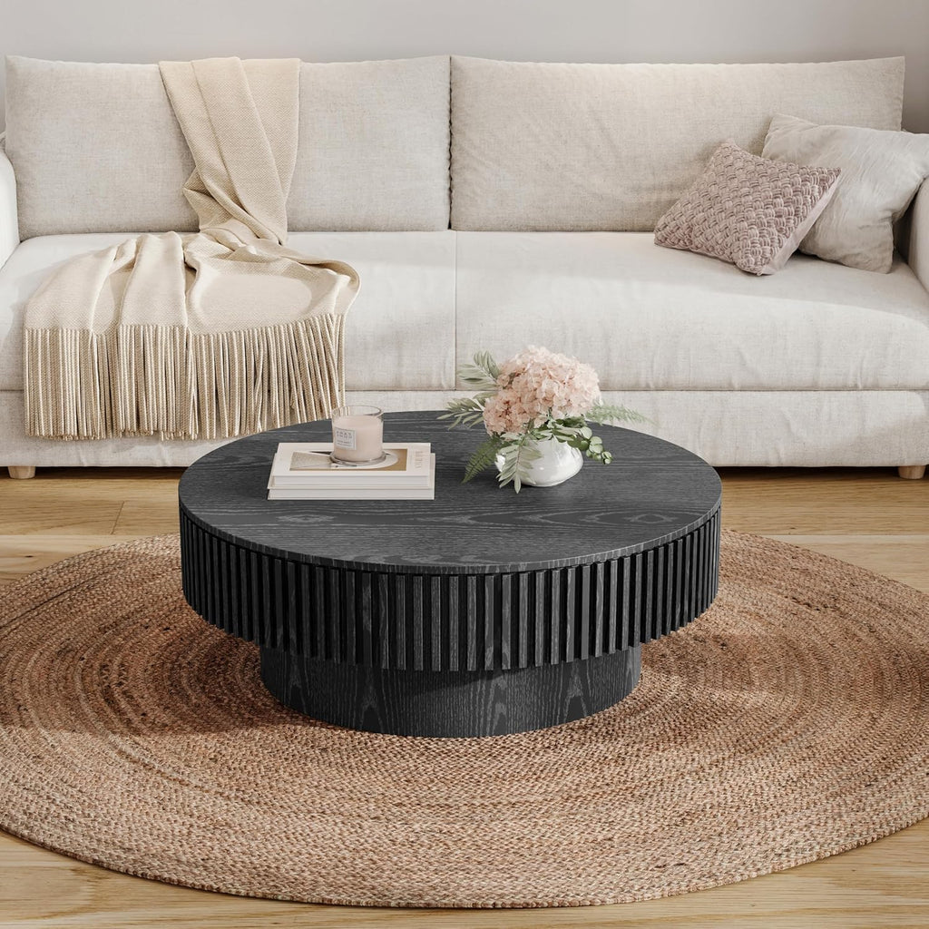 31.5' Round Coffee Table with Hidden Storage Compartment, Modern Handcraft Fluted Drum Coffee Table, Wooden Circle Center Table Cocktail Tea Table with Sturdy Pedestal for Living Room, Black