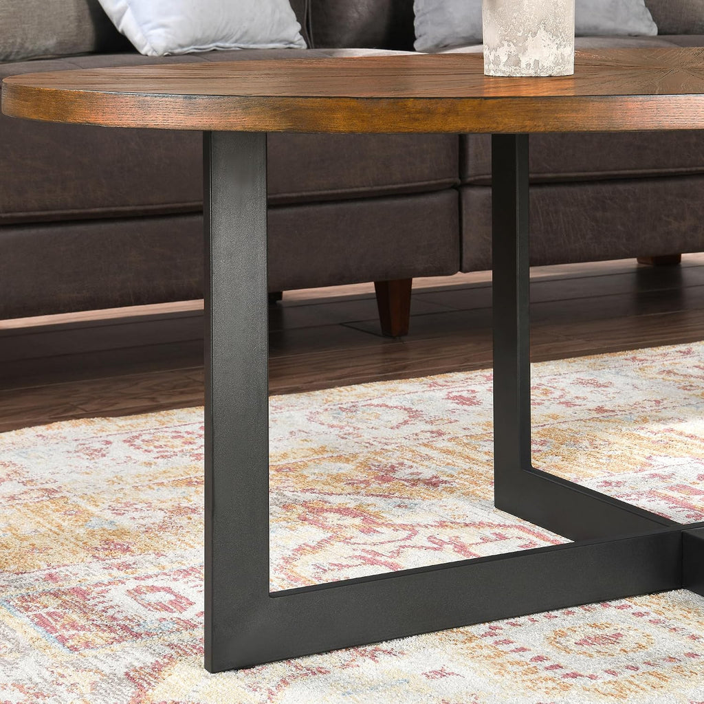 Solid Wood Oval Coffee Table with Cross Metal Legs, 47.9' Industrail Bar Cocktail Table for Living Room Kitchen Office Sofa Table Bristro Table for Cafe/Bar Rustic Brown