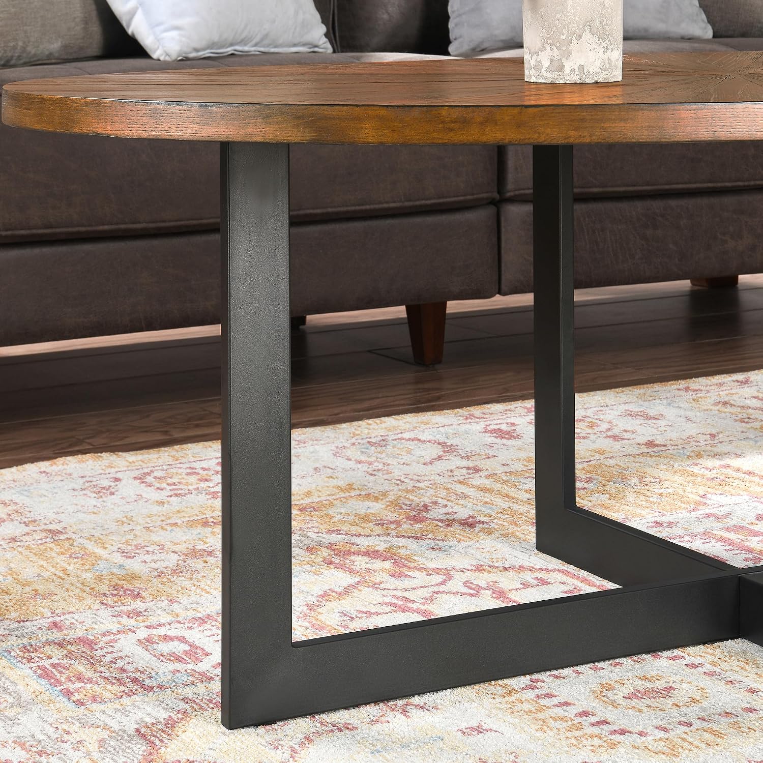 Solid Wood Oval Coffee Table with Cross Metal Legs, 47.9' Industrail Bar Cocktail Table for Living Room Kitchen Office Sofa Table Bristro Table for Cafe/Bar Rustic Brown
