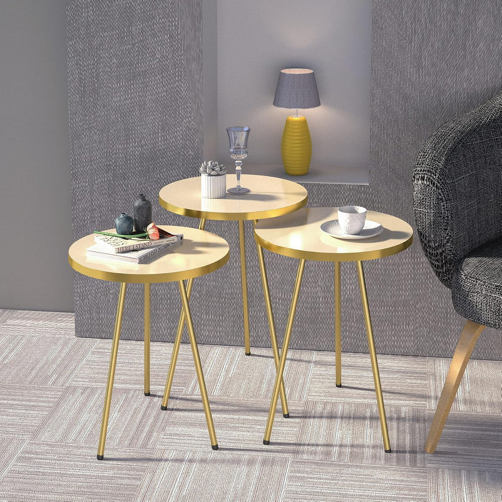 Set of 3 Nesting END Tables - Round Stacking Coffee Side Tables for Small Spaces, Nightstand Bedside Table for Living Room, Bedroom, Living Room, Balcony, NO-Tools Assembly (Beige/Gold, Sunset)