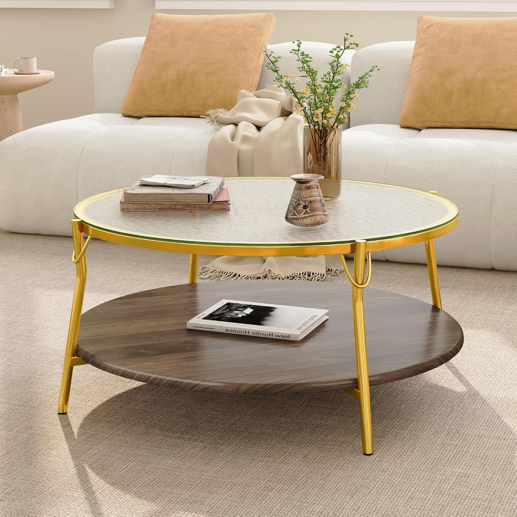 32.7'' Tempered Glass Round Coffee Table for Living Room, 2-Tier Modern Circle Coffee Table, Glass Tabletop & Metal Base, Easy Assembly, Gold & Walnut