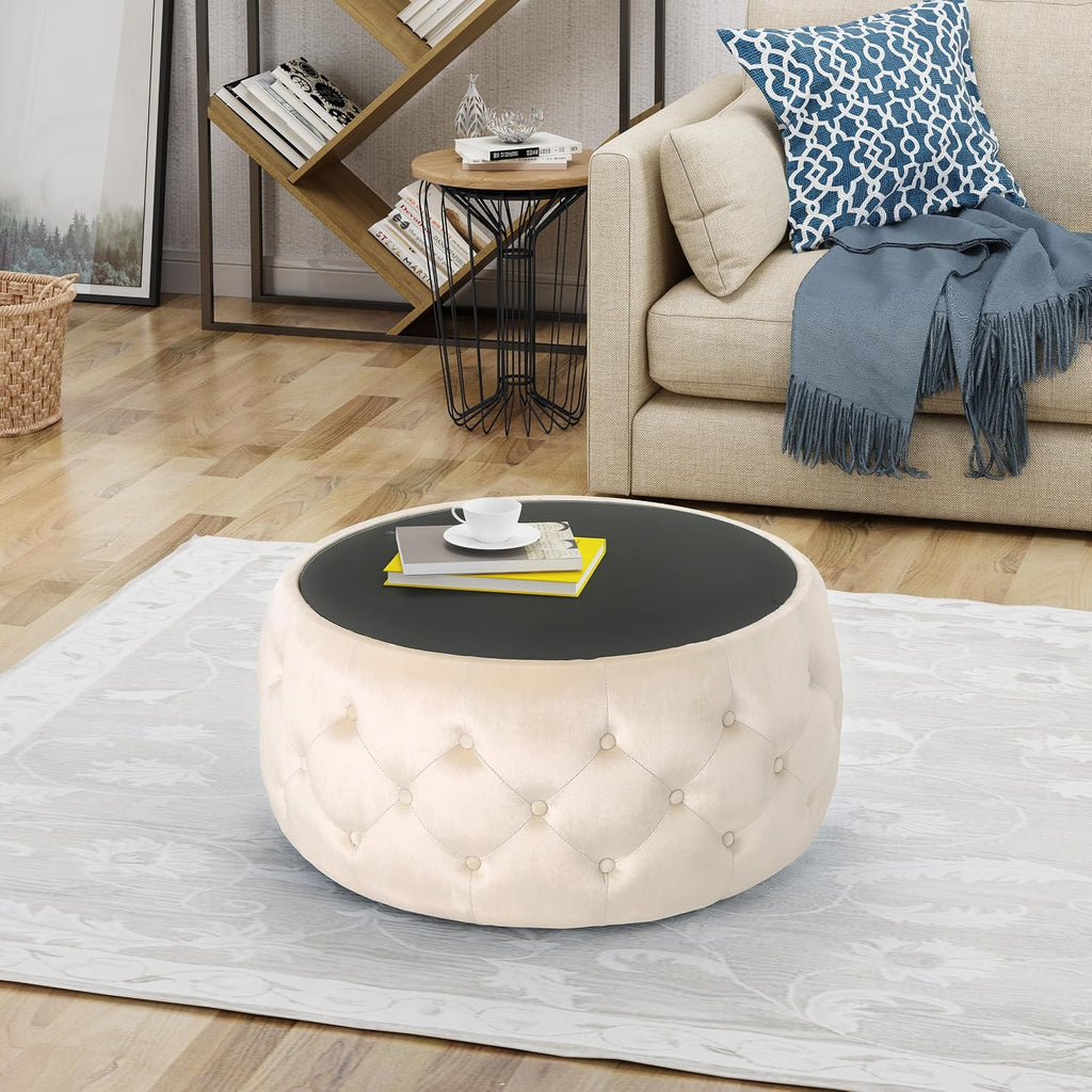 30' Round Velvet Ottoman Coffee Table, Button Tufted Coffee Table with Tempered Glass Top Modern Upholstered Tufted Velvet Cocktail Center Table for Living Room, Fully Assembled (Beige)