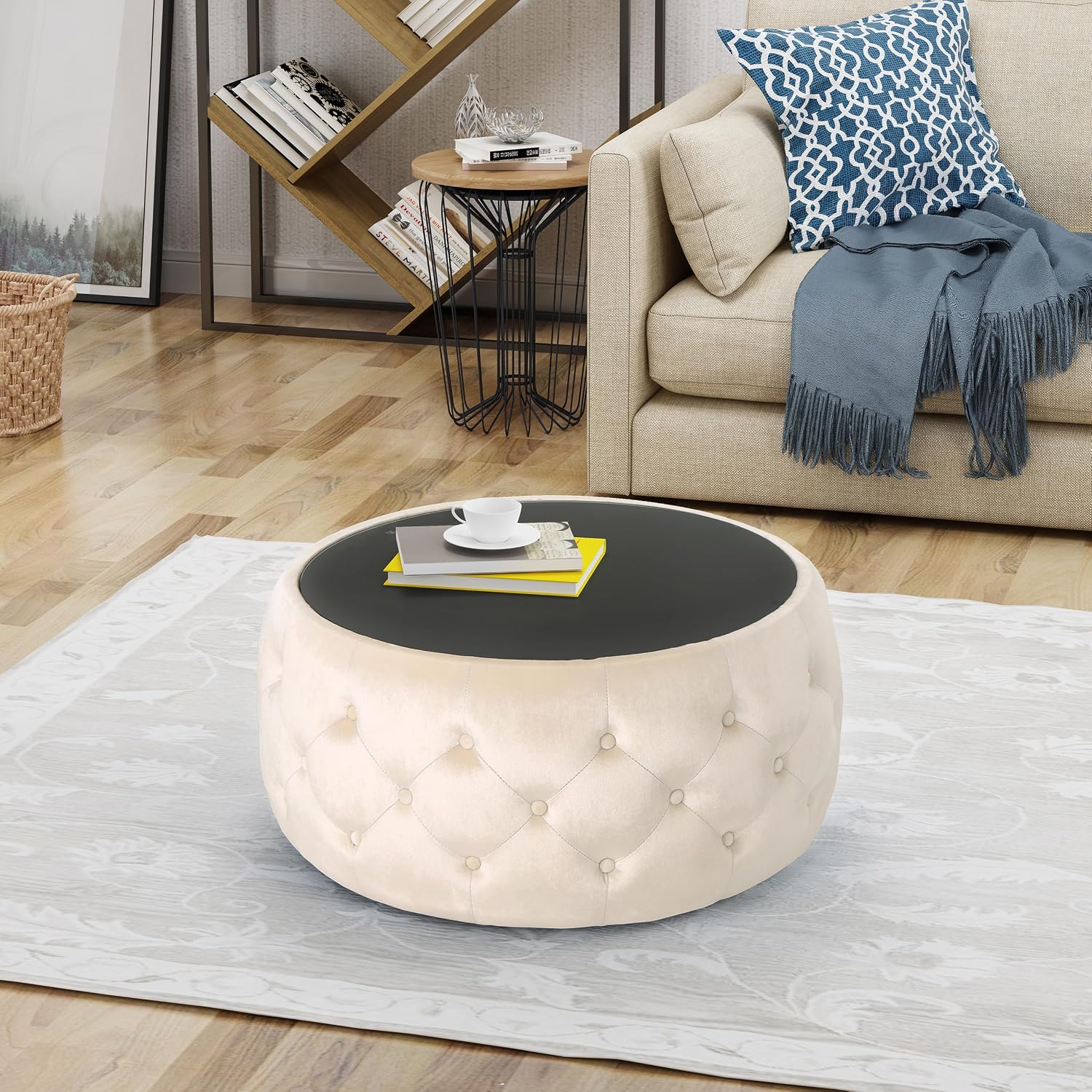 30' Round Velvet Ottoman Coffee Table, Button Tufted Coffee Table with Tempered Glass Top Modern Upholstered Tufted Velvet Cocktail Center Table for Living Room, Fully Assembled (Beige)