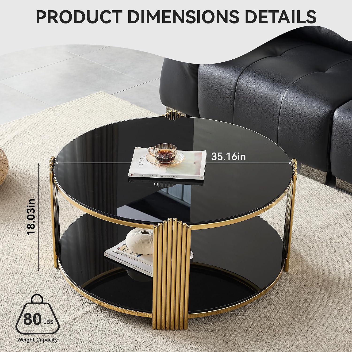 Glass Round Coffee Table with 2-Tier Storage, Black Tempered Glass Top with Gold Stainless Steel Frame, Modern Living Room Table Black Gold Round Center Table, 80 LBS Capacity