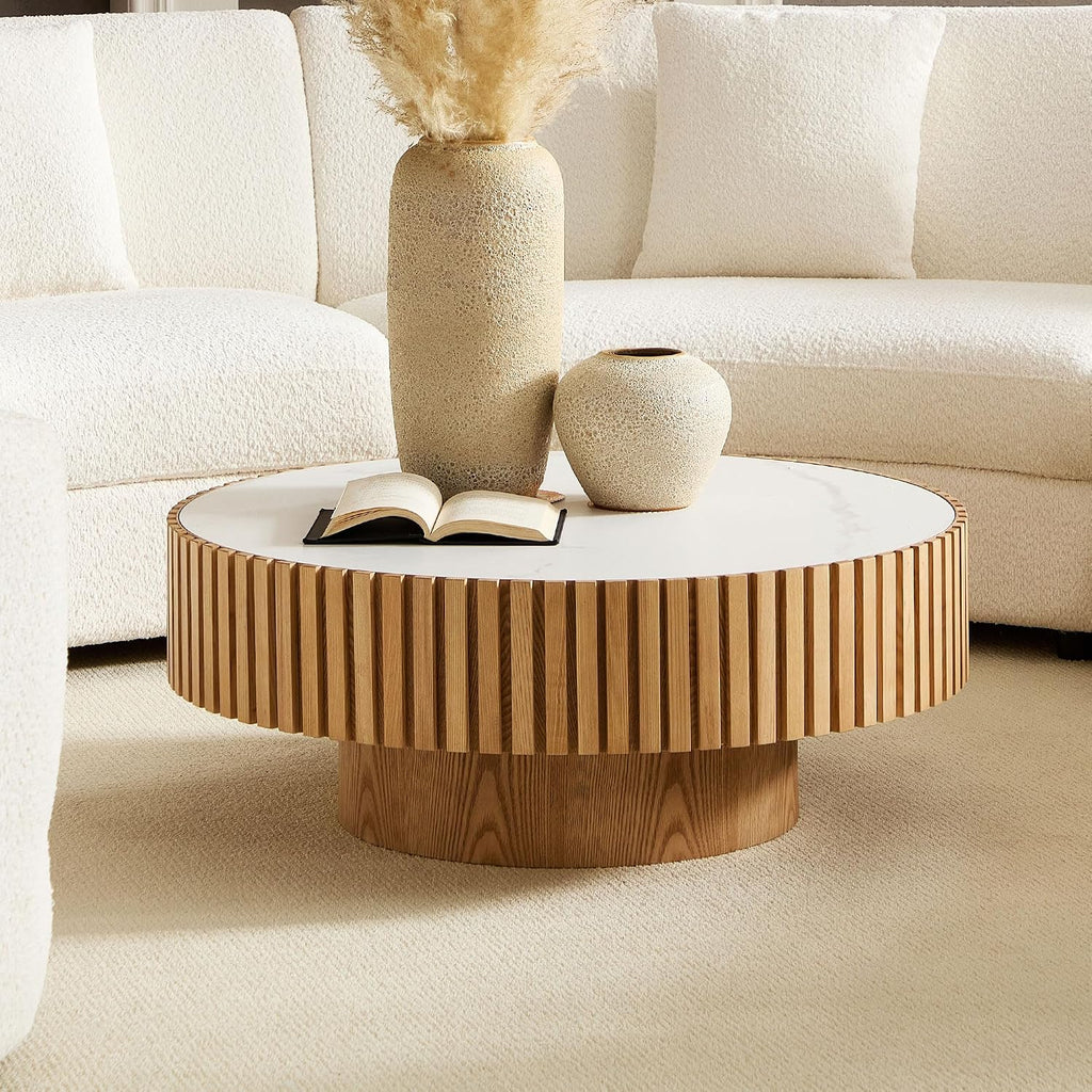 WILLIAMSPACE 35.43' Round Coffee Table with Sintered Stone Tabletop, Modern Farmhouse Wood Circle Drum Center Table for Living Room, Accent Side End Table for Apartment, 13.77' H (Oak+White)