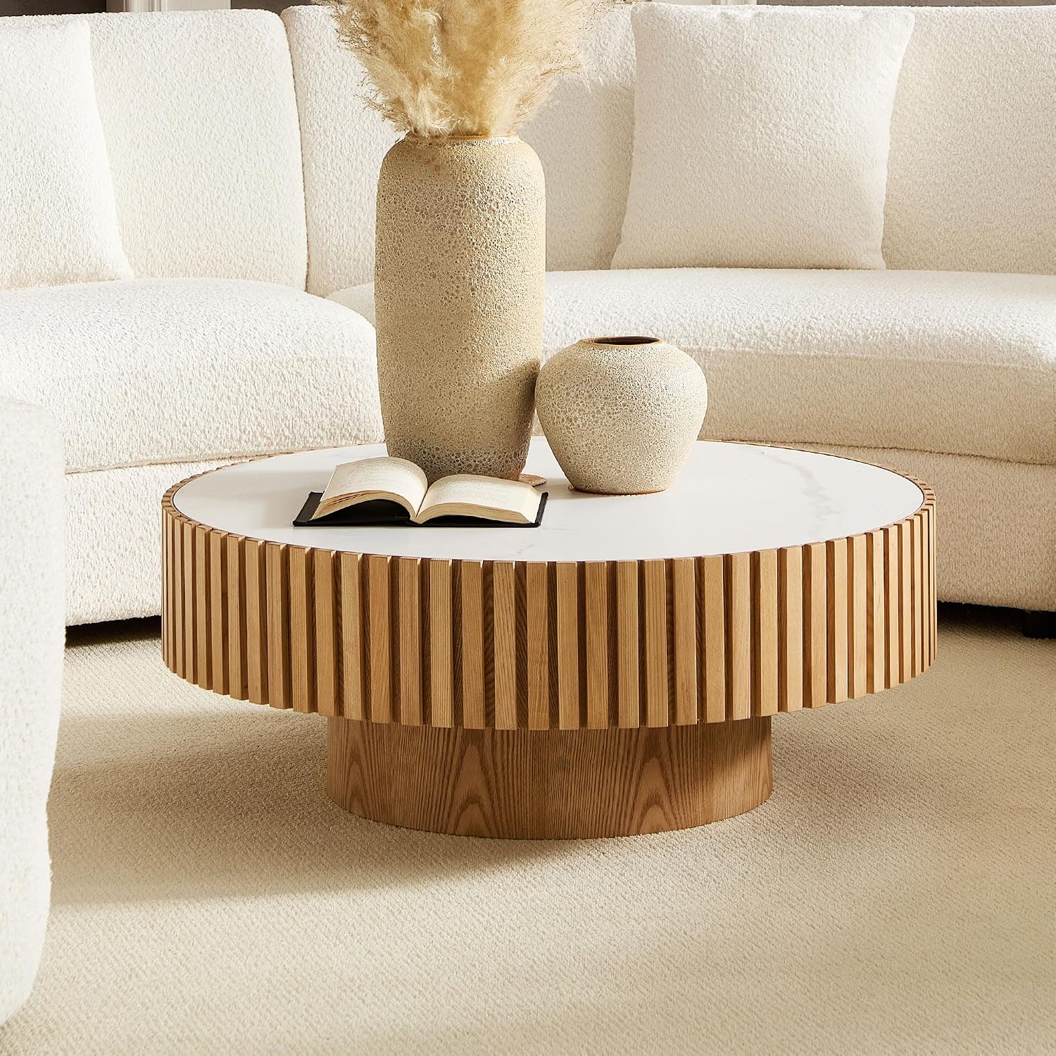 WILLIAMSPACE 35.43' Round Coffee Table with Sintered Stone Tabletop, Modern Farmhouse Wood Circle Drum Center Table for Living Room, Accent Side End Table for Apartment, 13.77' H (Oak+White)