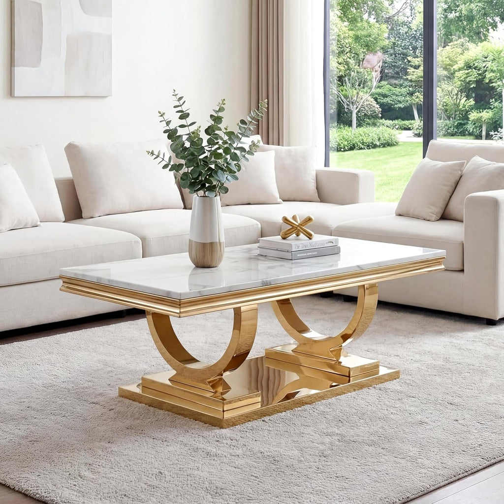 Marble Coffee Table, 47' White Faux Marble Rectangular Cocktail Tables with Mirrored Finish Double O-Shape Stainless Steel Base, Central Cocktail Tea Table for Living Room Office, Gold