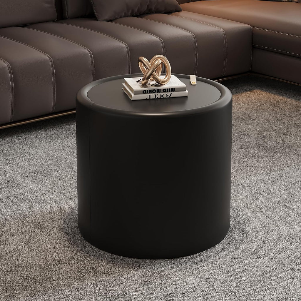 Black Round End Table with Tempered Glass Top, PU Leather Accent Side Table with Hidden Storage, No Assembly Required Modern Coffee Tables for Living Room