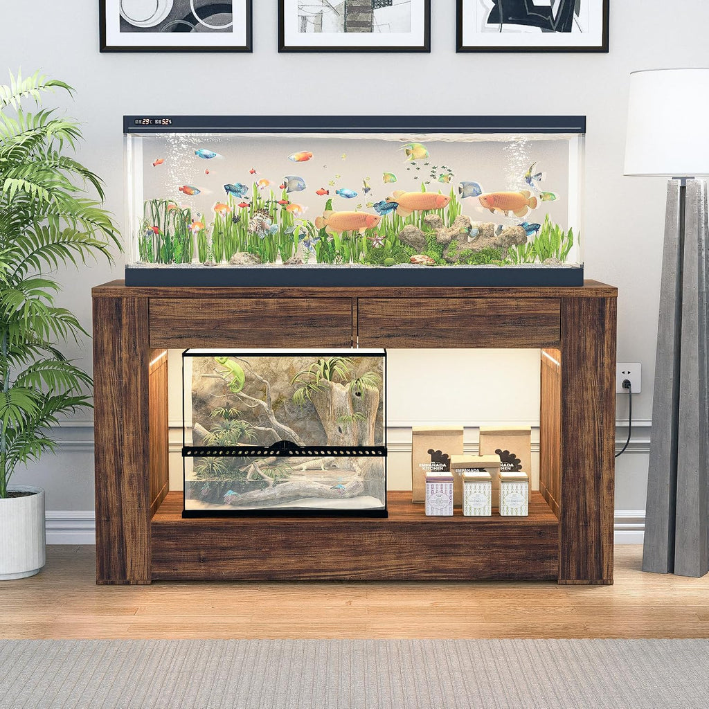 55–75/90 Gallon Aquarium Stand,Heavy-Duty 48' Turtle Reptile Fish Tank Stand With Storage Drawers, Reinforced Metal Frame, LED Lighting, Power Outlets (Rustic Brown)