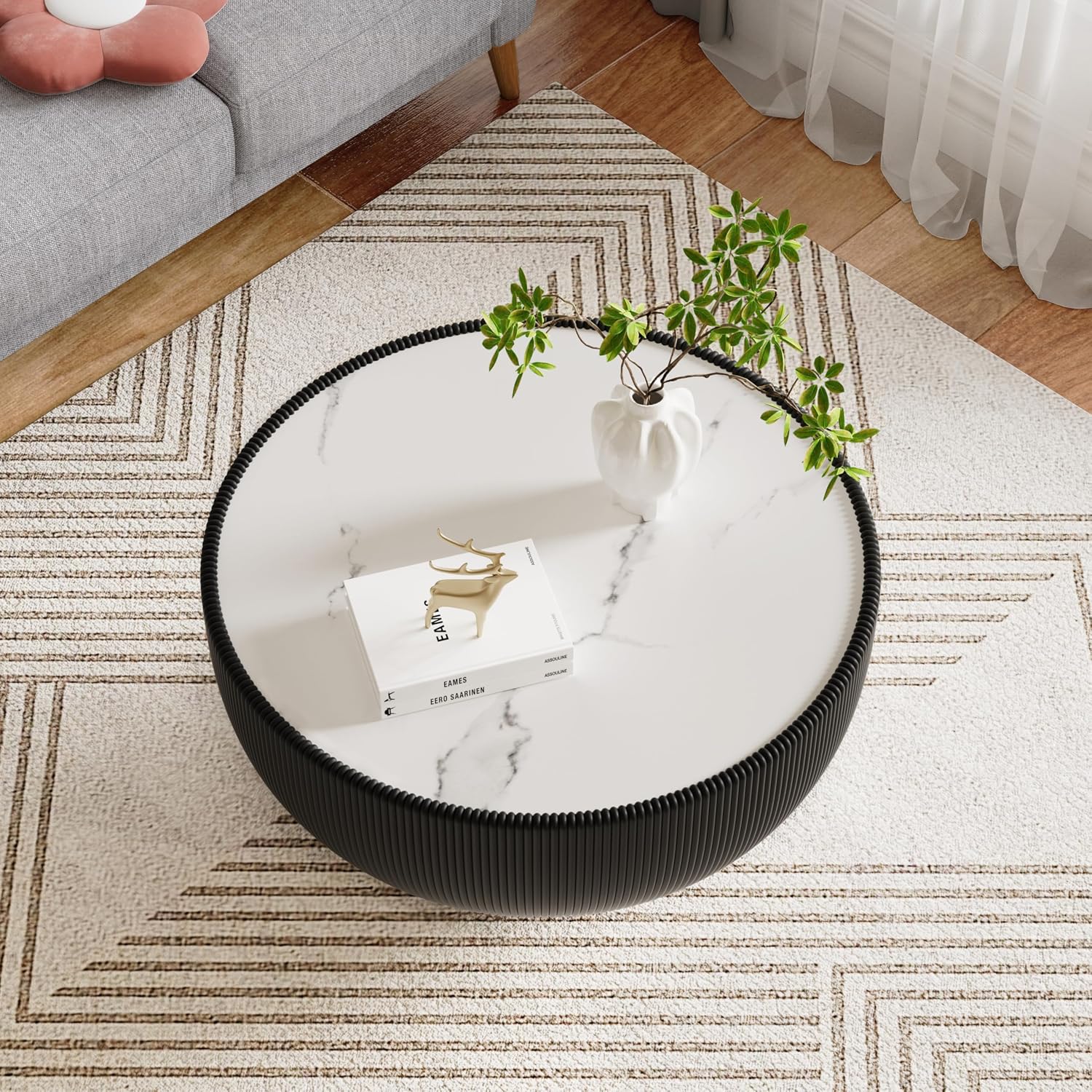 27.55' Round Marble Coffee Table,Black Fluted Coffee Table w/White Sintered Stone Top & PU Leather Covered & Gold Metal Base Modern Bucket Shaped Coffee Cocktail Center Tables for Living Room
