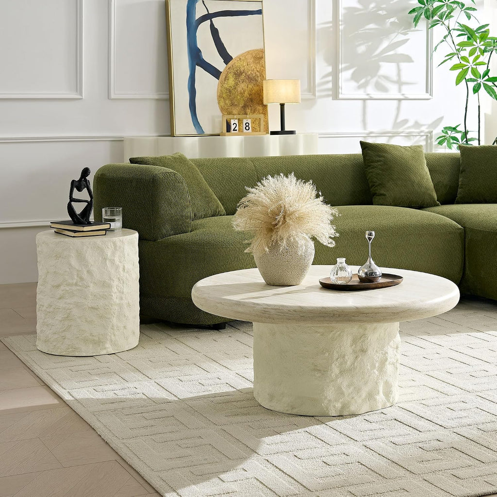 Round Coffee Table for Living Room Modern Faux Marble Center Circle Side Drum Accent Farmhouse Coffee Tables Mid Century for Apartment Bedroom Office Balcony (35.04' x 14.96') Beige