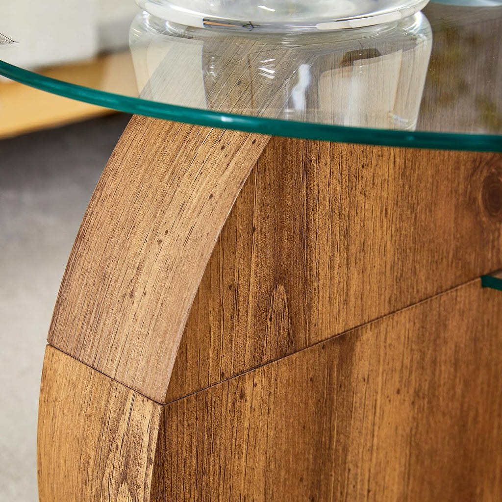 Glass Coffee Table 3 Tier Round Coffee Tables Tempered Clear Glass Top and Wood Table with Storage Modern Circle Coffee Table for Living Room (35.4' Wood)