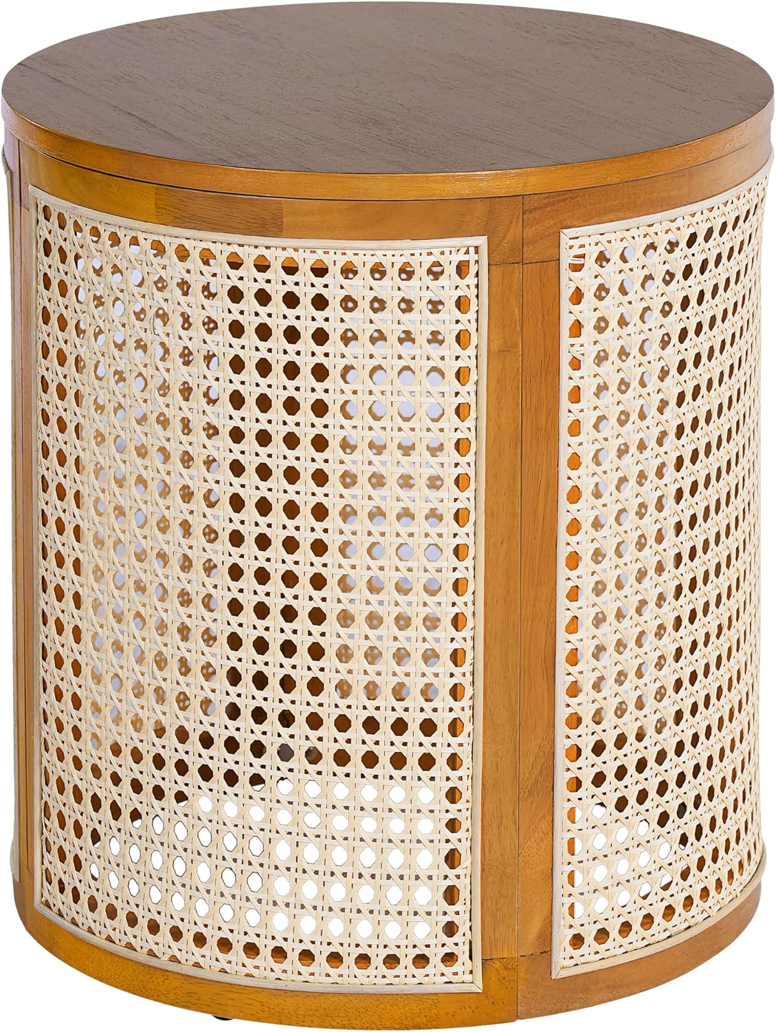 Christopher Knight Home Aurl Lift Top Round End Table with Storage, Modern Side Table with Woven Rattan Details, Wooden Small Coffee Table for Living Room, Round Storage Ottoman, Yellowish-Brown
