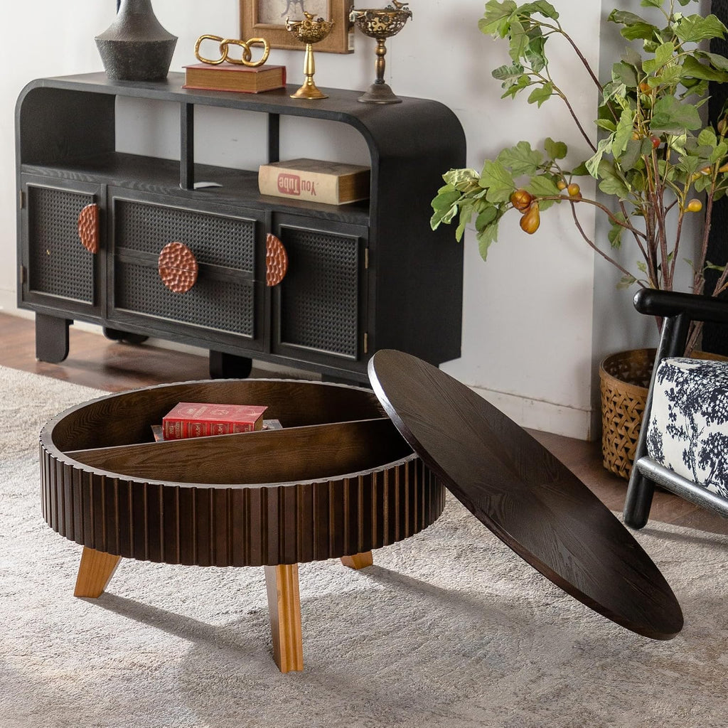 Setawix 31.5' Round Coffee Table with Storage Space, Small Side Tea End Table for Living Room, Wooden Rustic Coffee Table, Storage Entry Way Table, Brown