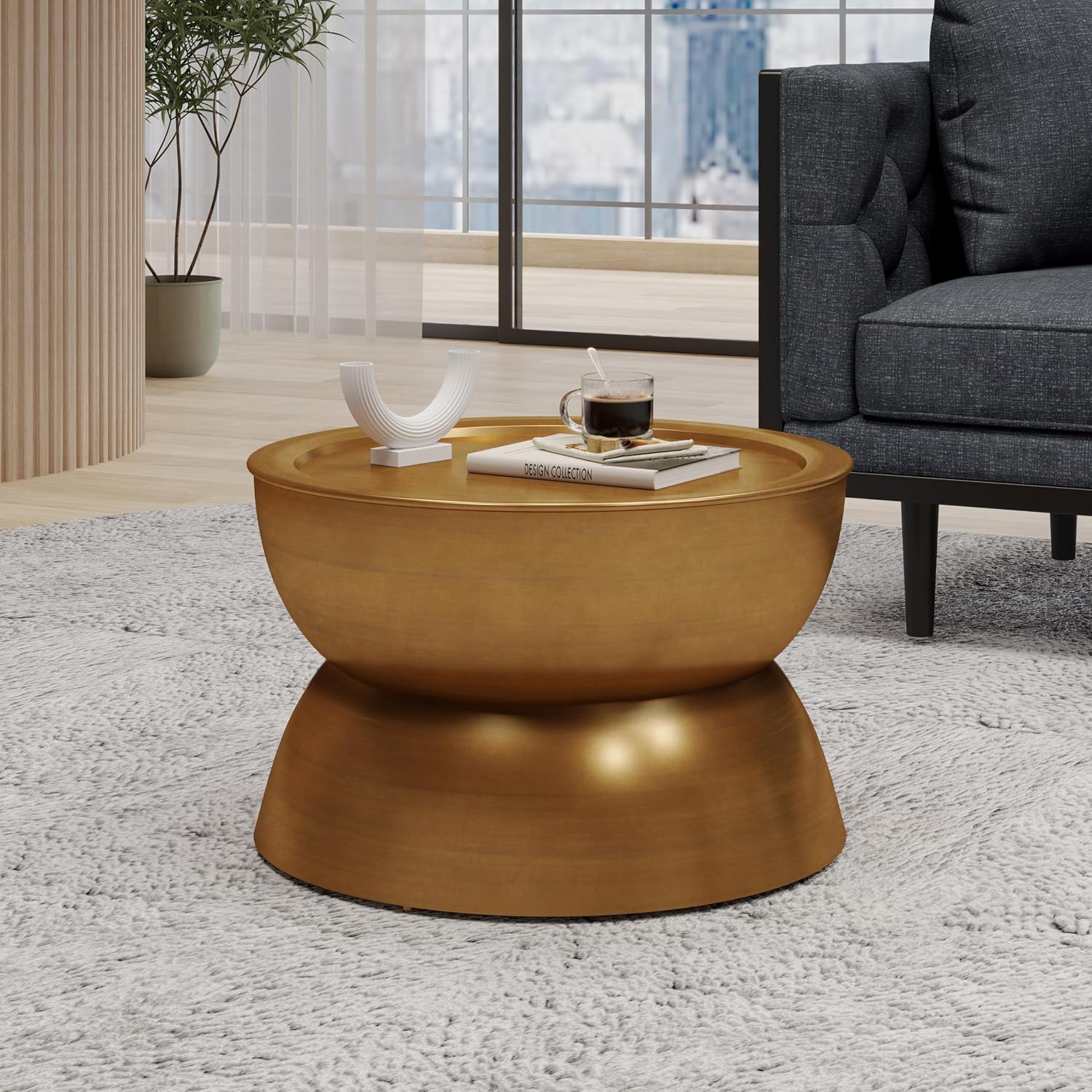 Merax Metal Hammered Coffee Table 24.25' Round Tabletop, Modern Iron Hourglass Coffee Table for Living Room, No Assembly Required, Bear 150lbs, Gold