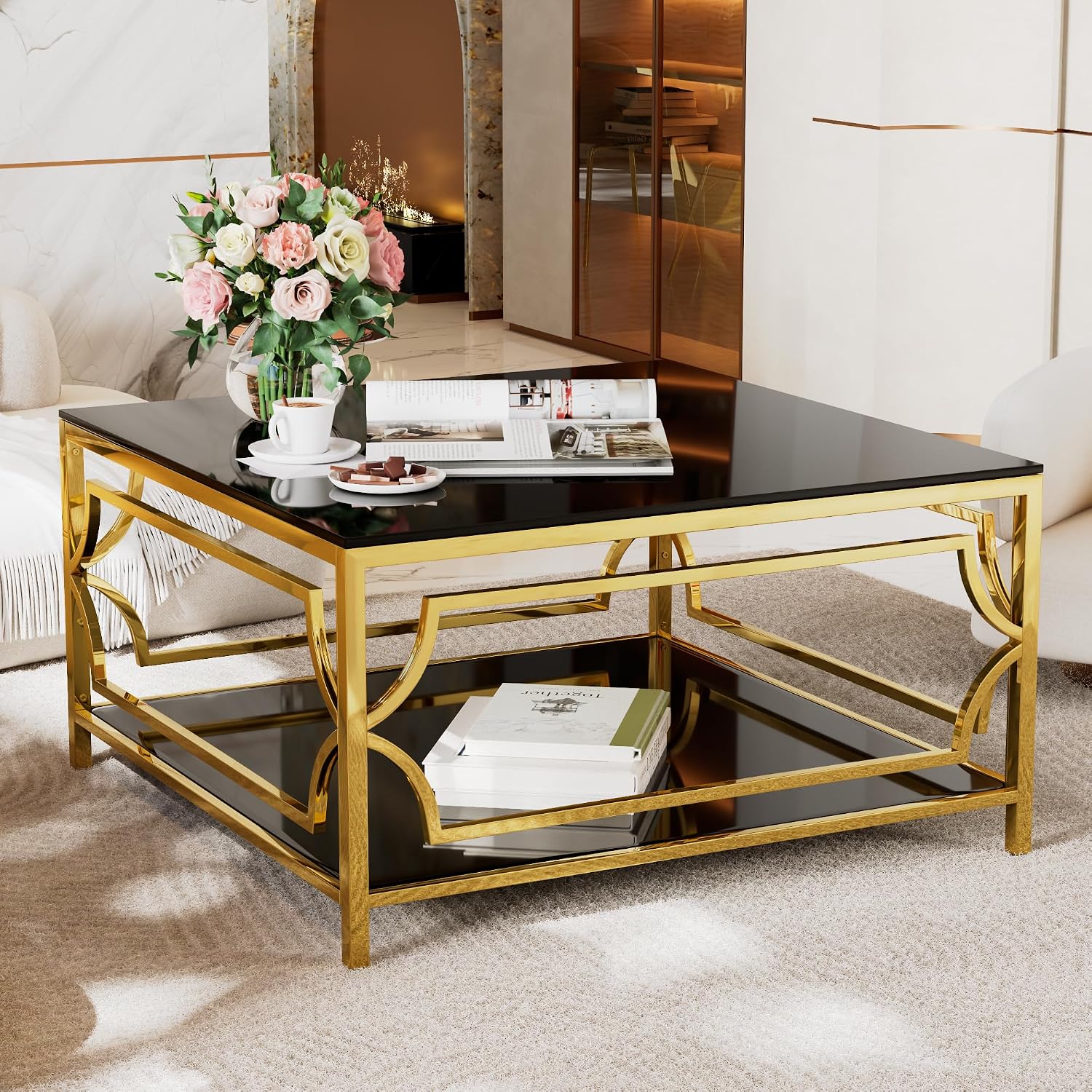 33.5' Square Black Glass Coffee Table with Storage, Modern 2-Tier Tempered Glass Accent Coffee Table with Metal Frame for Living Room, Minimalist Gold Cocktail Center Table for Office, Apartment