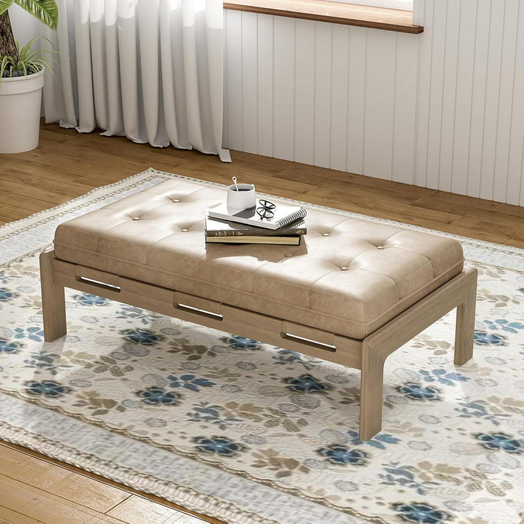 Merax 48.4' Rectangle Tufted Upholstered Cocktail Ottoman, Leather Ottoman Coffee Table, PU Leather Ottoman for Living Room, Bedroom, Office,Taupe Brown