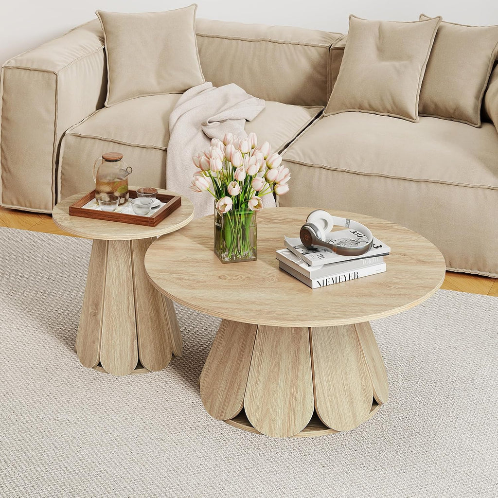 31.5' Round Coffee Table, Modern Farmhouse Wood Coffee Table with Pedestal Base, Small Space Circle Center Table for Living Room, Apartment, Natural