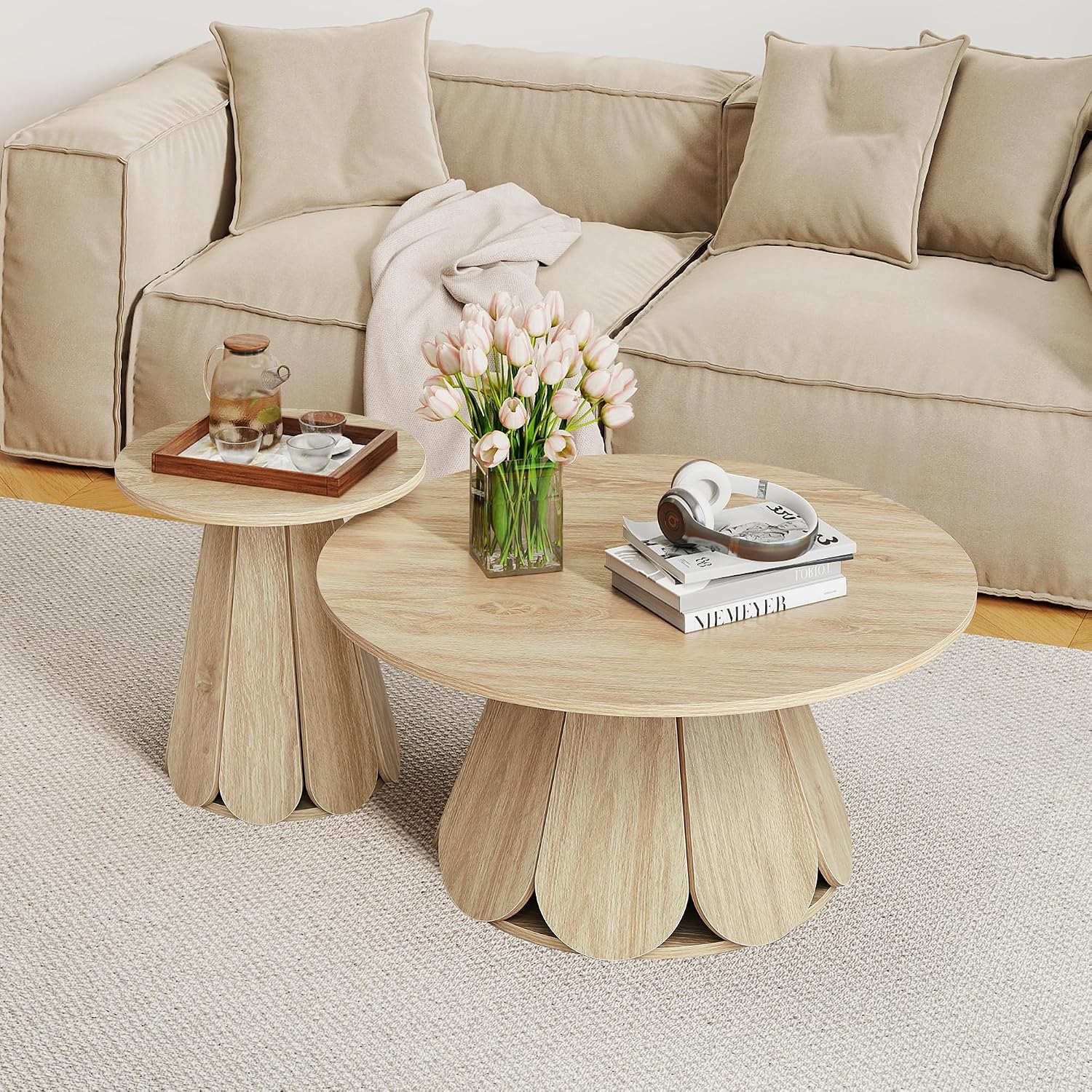 31.5' Round Coffee Table, Modern Farmhouse Wood Coffee Table with Pedestal Base, Small Space Circle Center Table for Living Room, Apartment, Natural