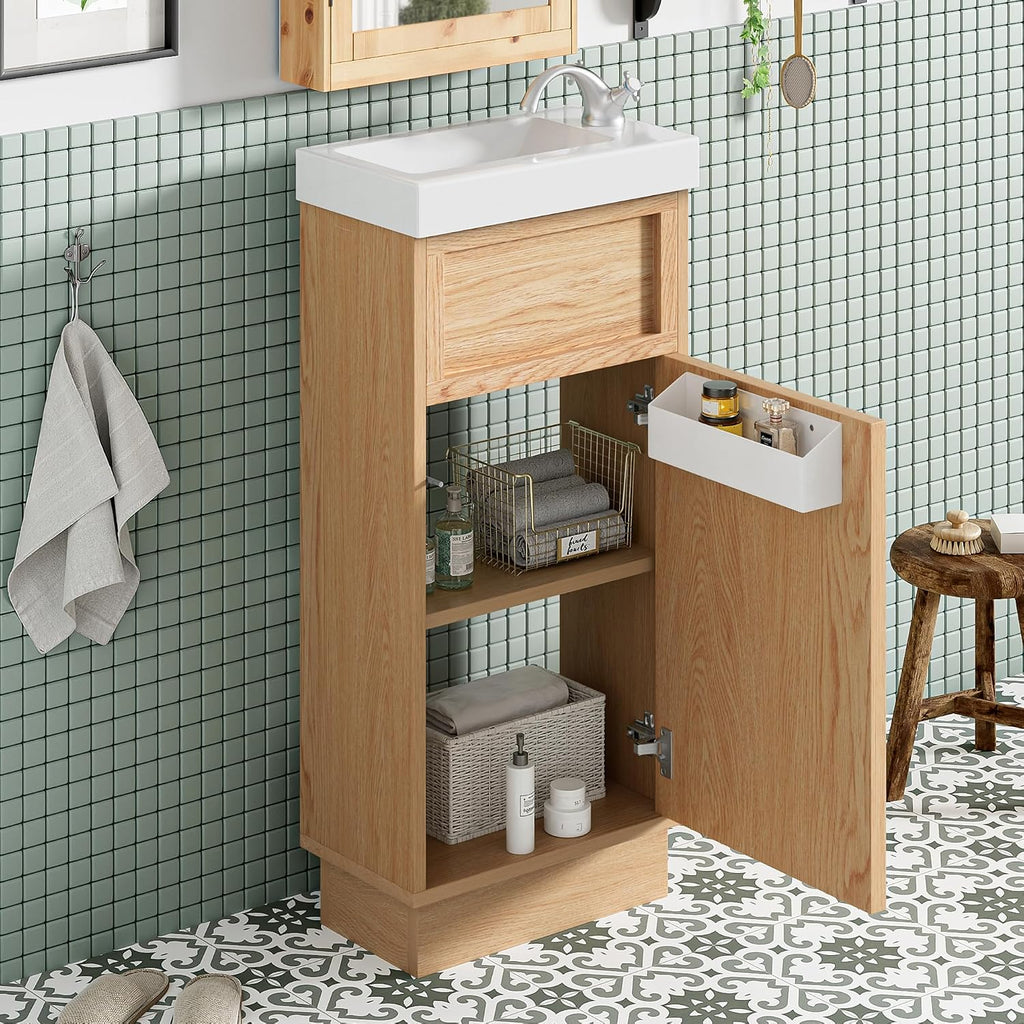 15.75' Rustic Bathroom Vanity with MDF Cabinet & Adjustable Shelf, Stylish Reversible Resin Sink & Push-to-Open Door - Perfect for Small Spaces!
