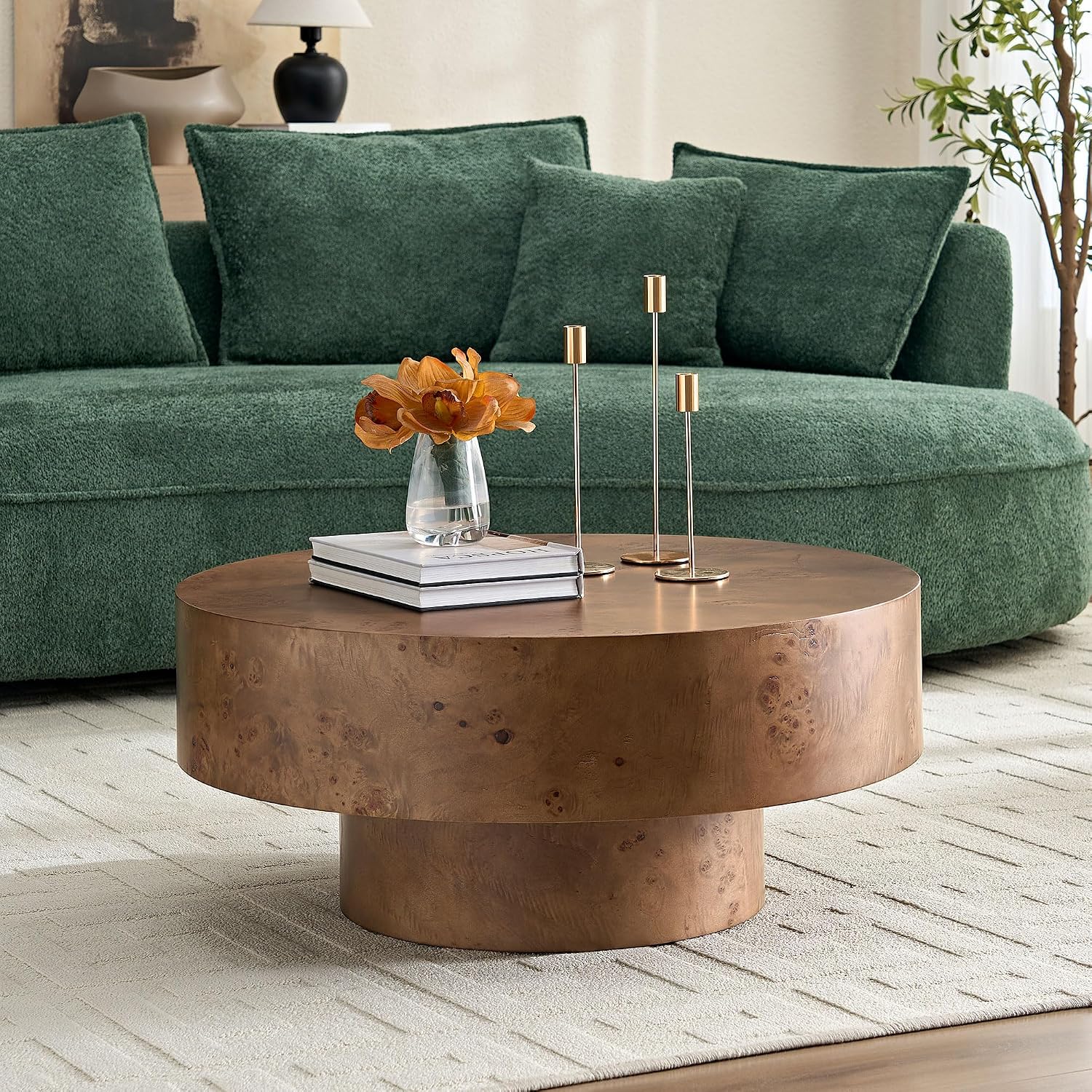 WILLIAMSPACE 31.49' Round Coffee Table with Burl Wood Veneer & Pedestal, Modern Wood Circle Drum Center Table for Living Room, Circular Accent Side End Table for Apartment, 13.77' H (Walnut Burl)