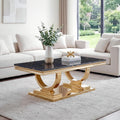 Marble Coffee Table, 47' Black Faux Marble Rectangular Cocktail Table with Mirrored Finish Double O-Shape Stainless Steel Base, Central Cocktail Tea Tables for Living Room Office, Gold