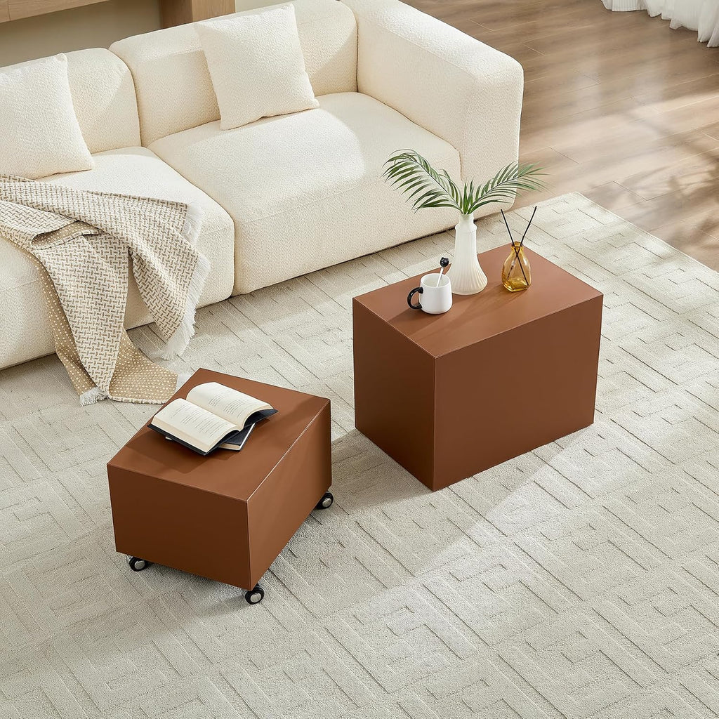 23.62' Modern Leather Coffee Table Set, Minimalist Center Table with Wheels, Wooden Coffee Table Sets for Living Room, Apartment, Office, Bedroom, Brown