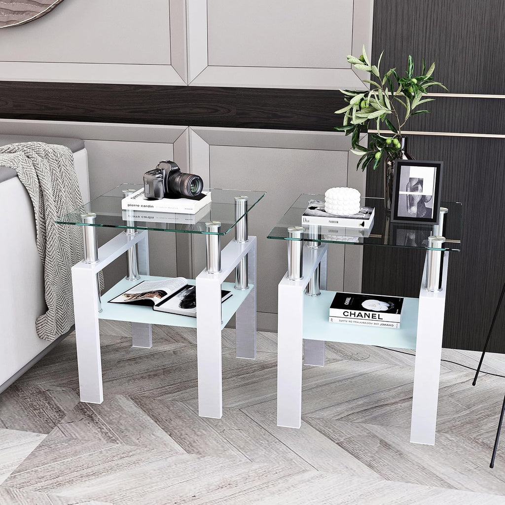 Glass Coffee Table Sets of 3 for Living Room, Mordern End Table Sofa Side Tables with Storage, Black Metal Leg, Rectangle Tempered Center Table Home Furniture Set (White)