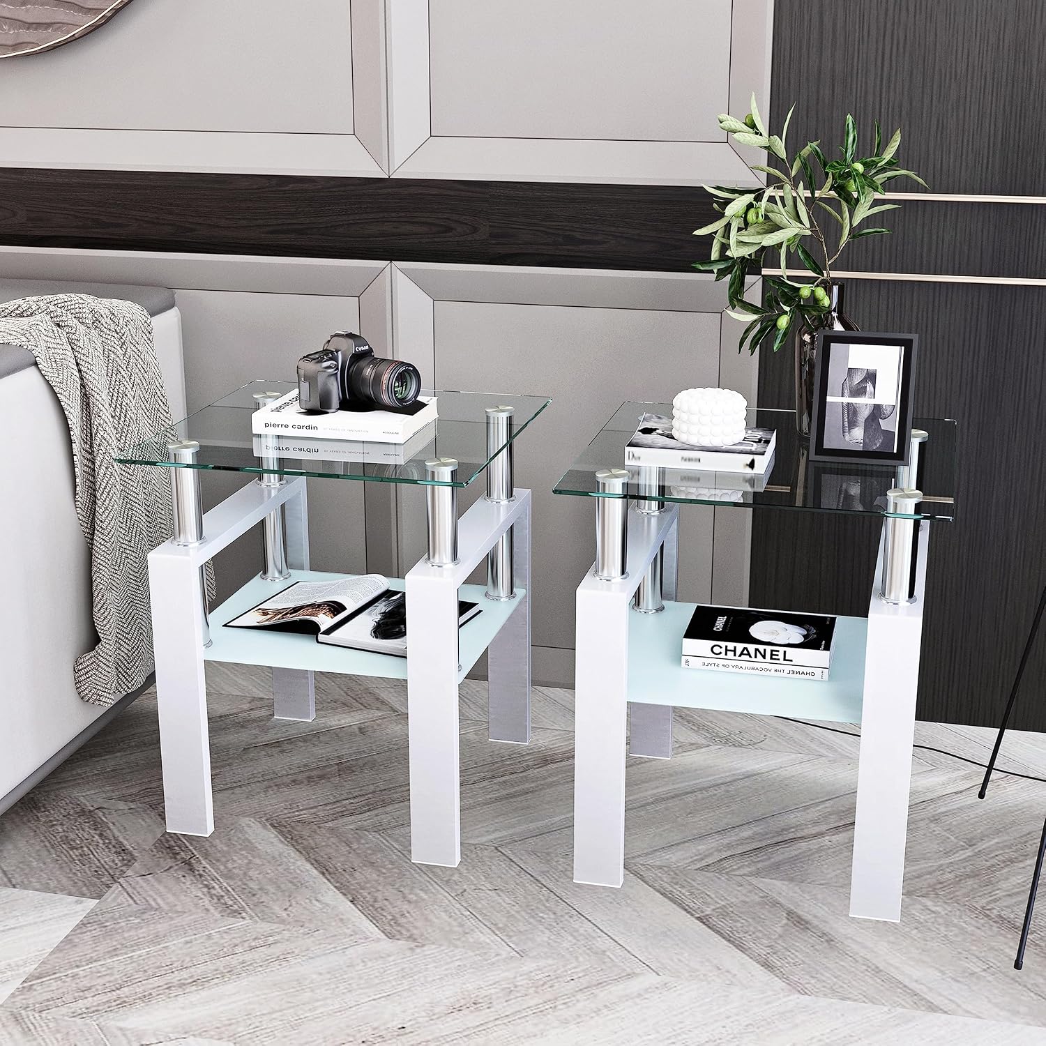 Glass Coffee Table Sets of 3 for Living Room, Mordern End Table Sofa Side Tables with Storage, Black Metal Leg, Rectangle Tempered Center Table Home Furniture Set (White)