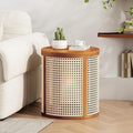 Christopher Knight Home Aurl Lift Top Round End Table with Storage, Modern Side Table with Woven Rattan Details, Wooden Small Coffee Table for Living Room, Round Storage Ottoman, Yellowish-Brown