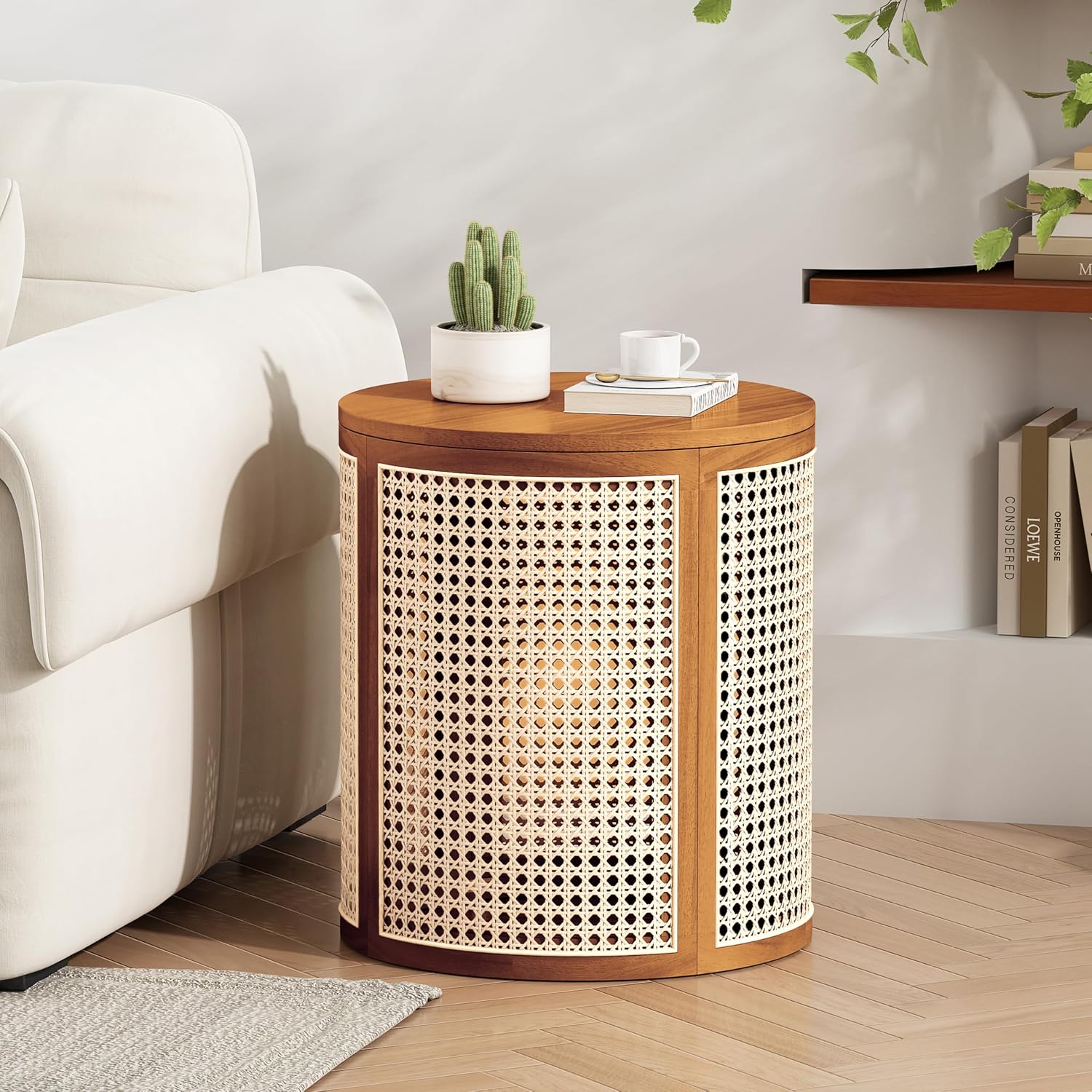 Christopher Knight Home Aurl Lift Top Round End Table with Storage, Modern Side Table with Woven Rattan Details, Wooden Small Coffee Table for Living Room, Round Storage Ottoman, Yellowish-Brown