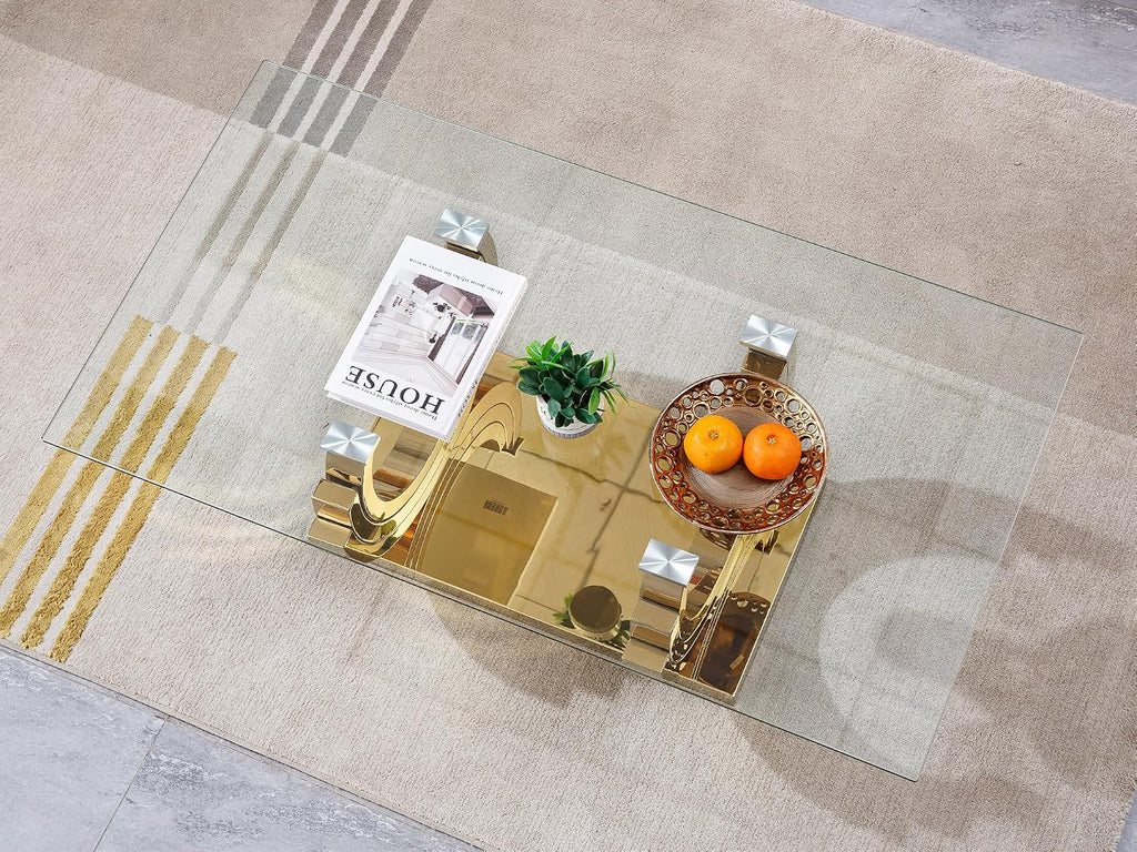 SSLine Modern 1 Piece Living Room Coffee Table Luxury Gold Glass Coffee Table with Ring-Shape Stainless Steel Base for Living Room Bedroom Office (1 Coffee Table)