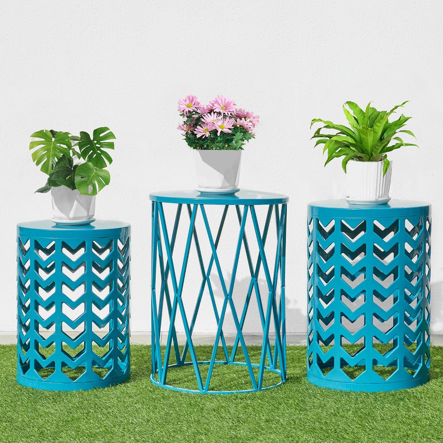 Nesting Side Table Set of 3 Decorative Round Garden Stools for Indoor Outdoor Heavy Duty Metal Frame Side Table Nightstands Modern End Table Plant Stand, Blue