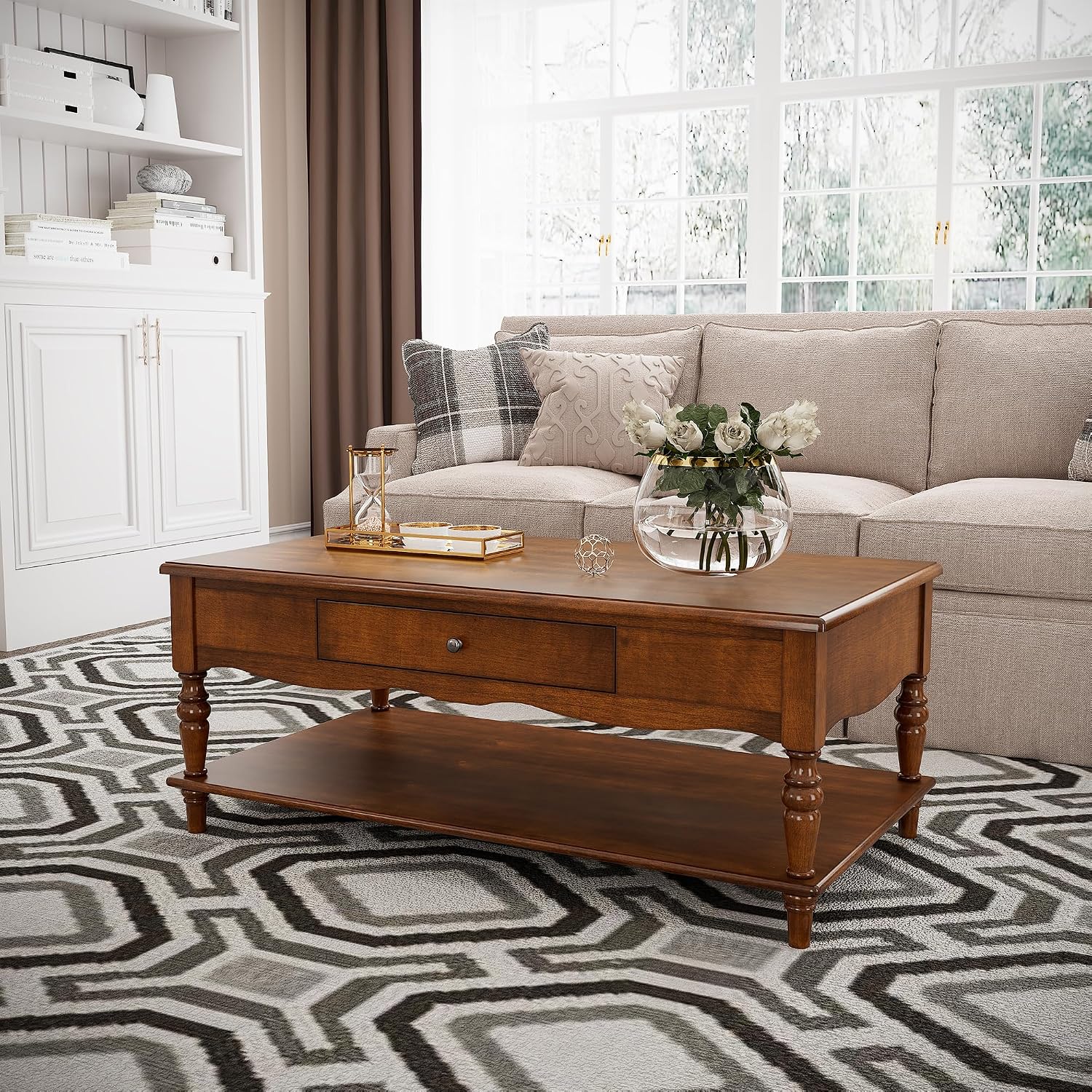 Rectangular Coffee Table with 2 Storage Drawers, Mid-century Solid Wood Living Room Table with Carved Leg, Elegant Vintage Center Table, No-Tools Assembly, 43.3'L x 23.6'W x 18'H Caramel Brown KFZC008