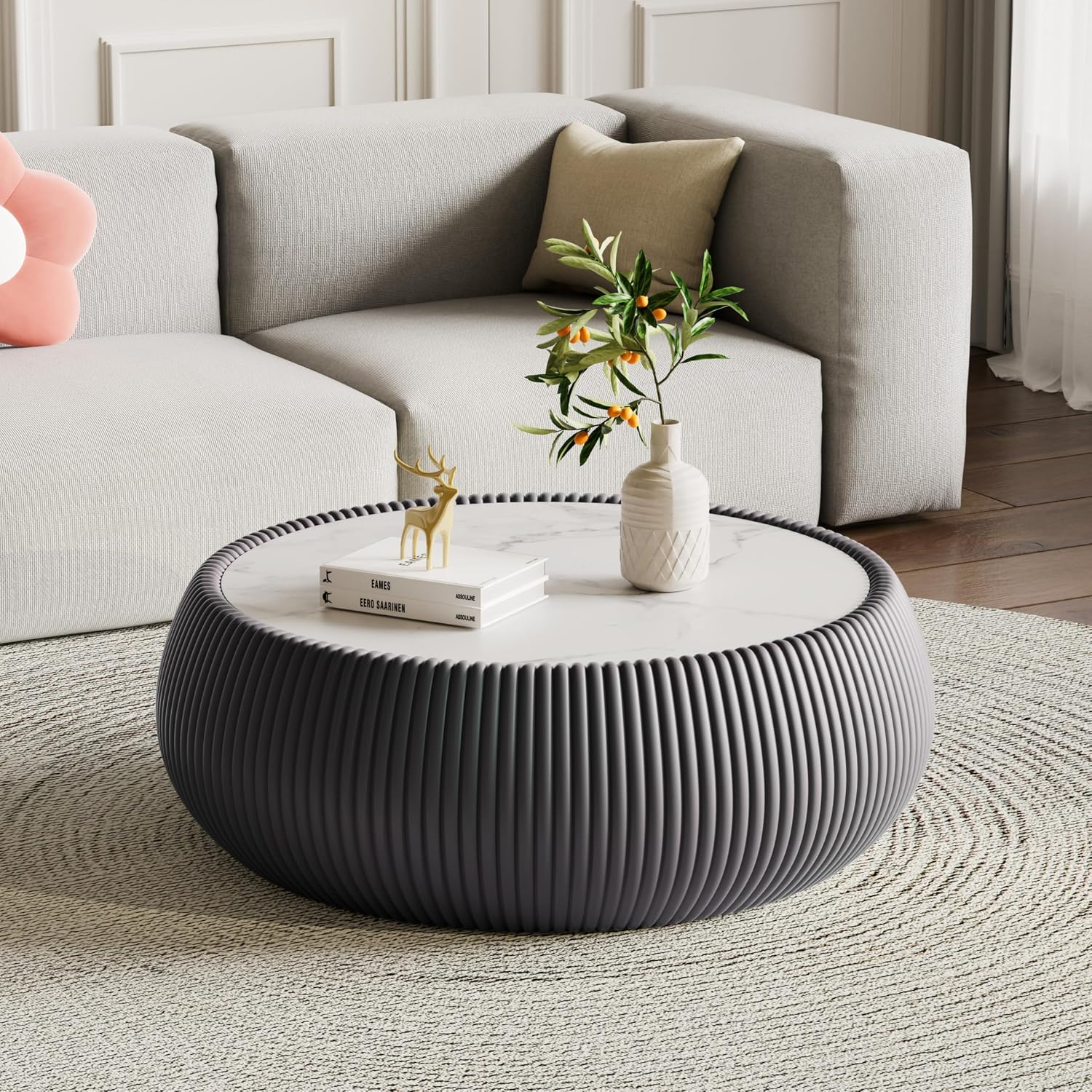 Modern Round Coffee Table Luxury Sintered Stone Top Coffee Table in Grey Leatherette Creative Drum-Shape Cocktail Center Table for Living Room Bedroom,Fully Assembled