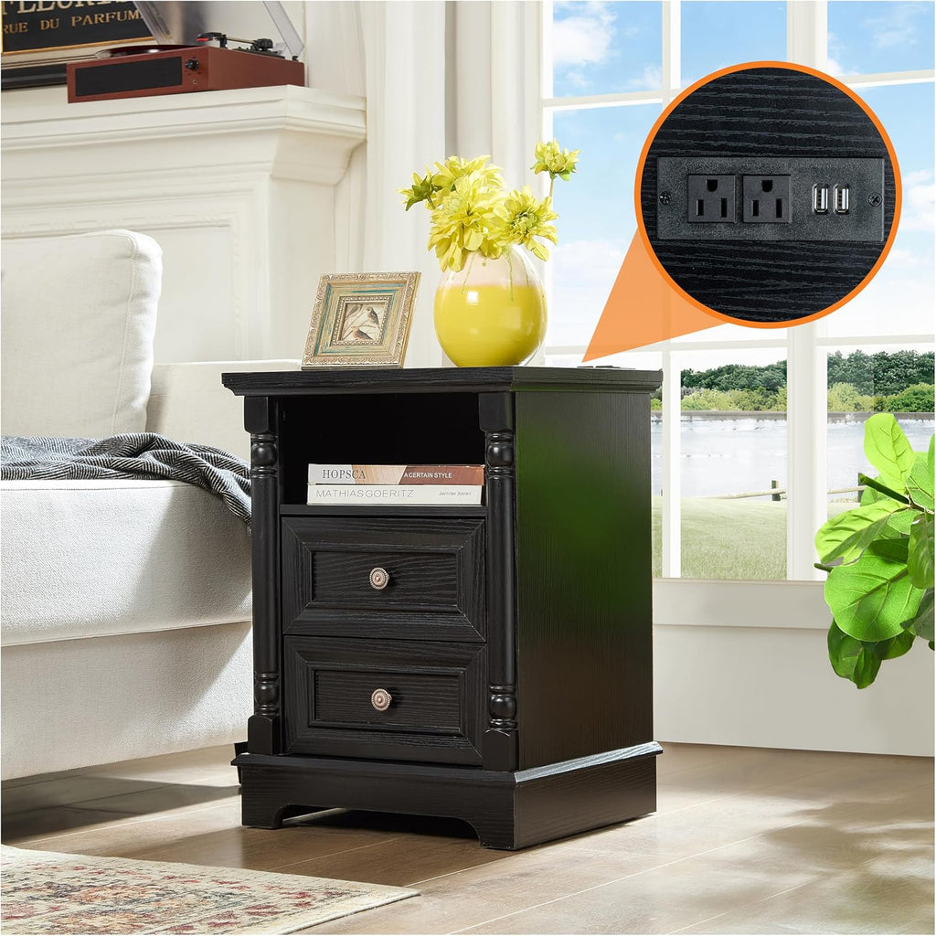 OKYCI Modern Coffee Table and End Table Set of 3 for Living Room, Includes 31.5' Coffee Table & 2 Side Table with 2 Drawers & Charging Station, Black