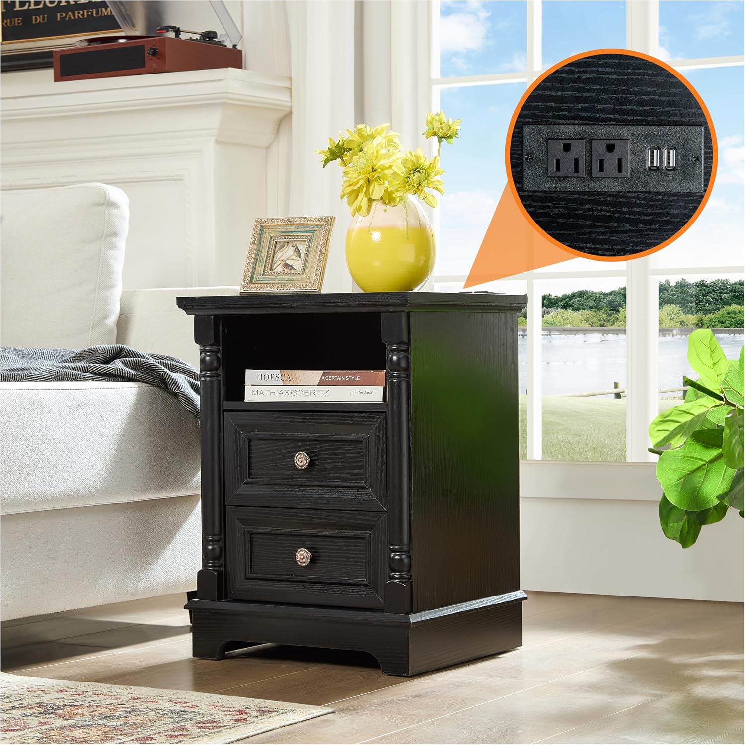 OKYCI Modern Coffee Table and End Table Set of 3 for Living Room, Includes 31.5' Coffee Table & 2 Side Table with 2 Drawers & Charging Station, Black
