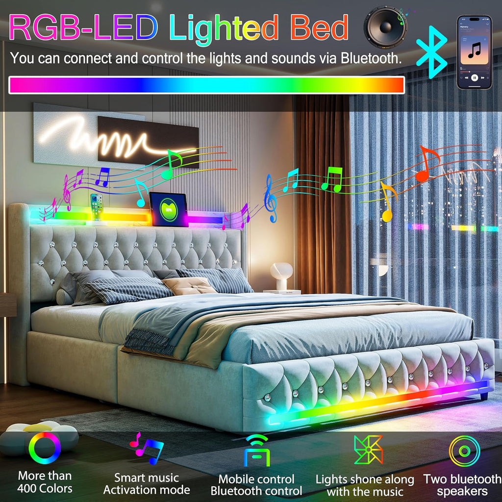 Music Player Bed with Bluetooth Speakers, Queen Size Smart Bed, Multi-Color LED Lighting,USB&Type C Charging Ports,4 Storage Drawers,Velvet Bed Frame with Headoard,Wooden Slats (Beige, Queen)
