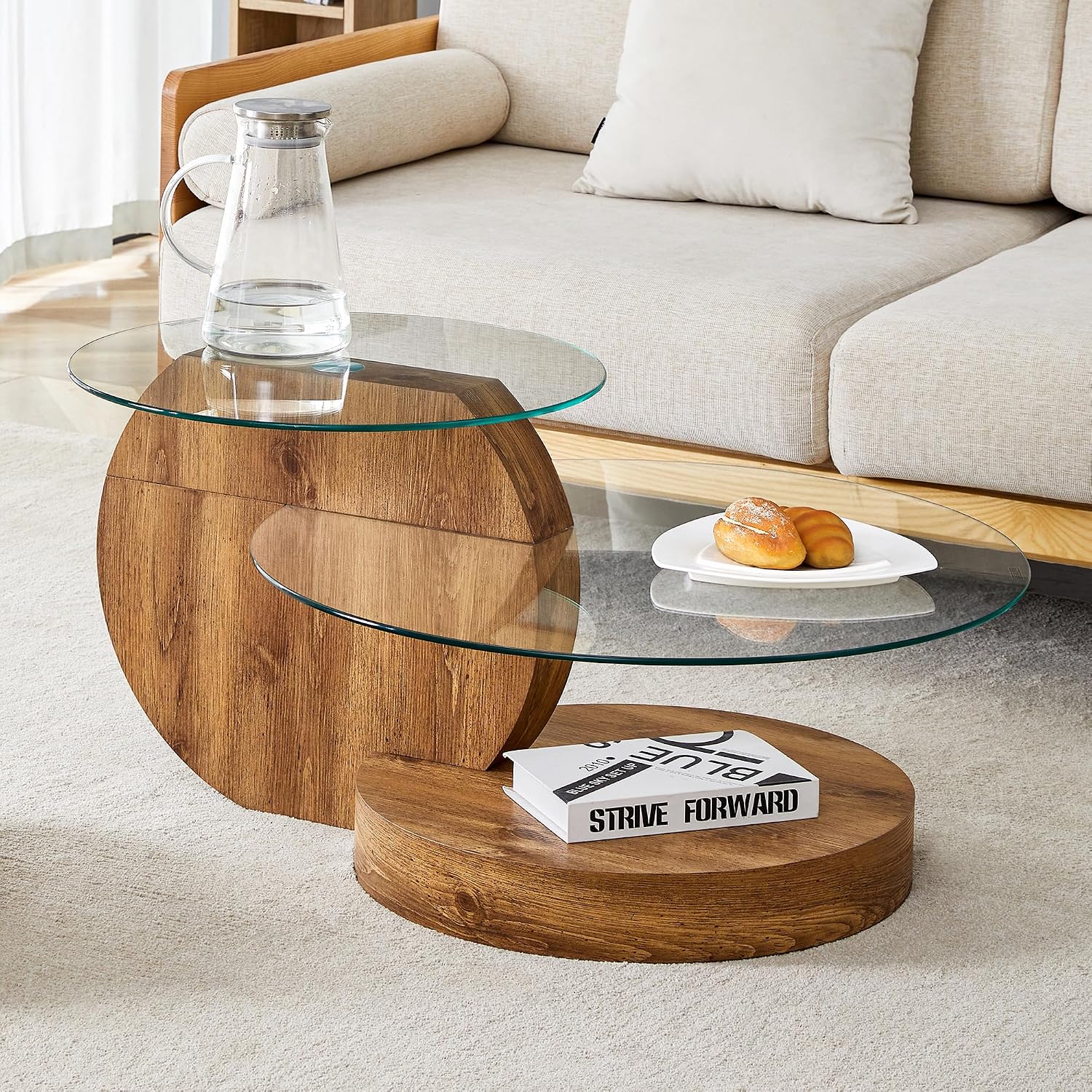 Glass Coffee Table 3 Tier Round Coffee Tables Tempered Clear Glass Top and Wood Table with Storage Modern Circle Coffee Table for Living Room (35.4' Wood)