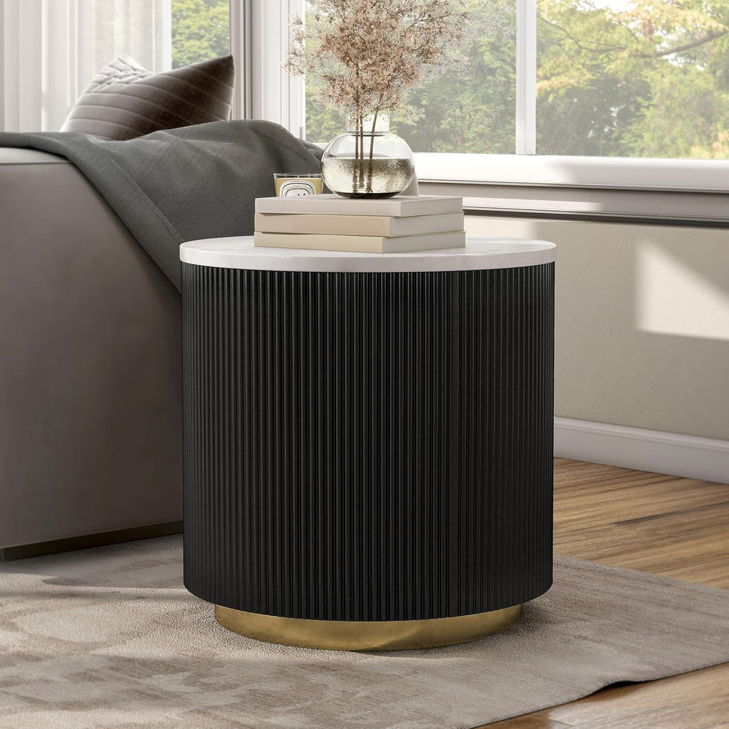Furniture of America Beryl Modern Round White Genuine Marble Top End Table with Fluted Pedestal Base and Gold Stainless Steel Accent, Low Profile Table for Living Room, Home Office, Black