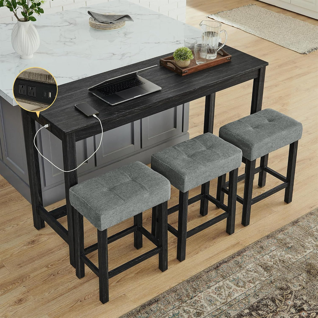 Merax 59' Bar Table Set with Power Outlet,Industrial Breakfast Table with 3 Upholstered Stools w/Footrest,4 Piece Counter Height Bar Table and Chair Set for Living Room,Dining Room,Kitchen,Black
