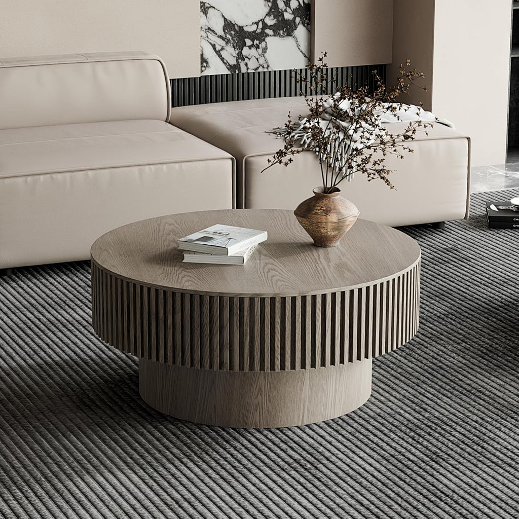 31.5' Round Coffee Table with Hidden Storage Compartment, Modern Handcraft Fluted Drum Coffee Table, Wooden Circle Center Table Cocktail Tea Table with Sturdy Pedestal for Living Room, Grey