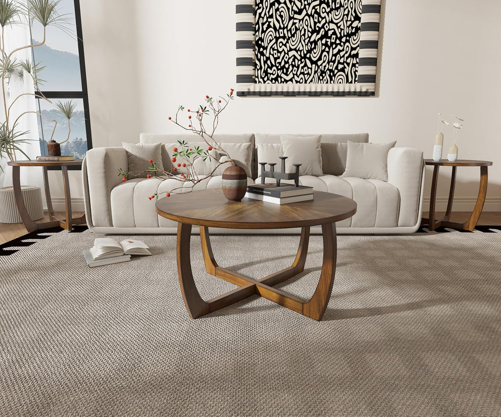 3-Piece Living Room Table Set, Farmhouse Solid Wood Table Set, Included Round Coffee Table and 2 End Tables with Criss-Cross Legs for Apartment Home Office, Accent Furniture, Brown Tea