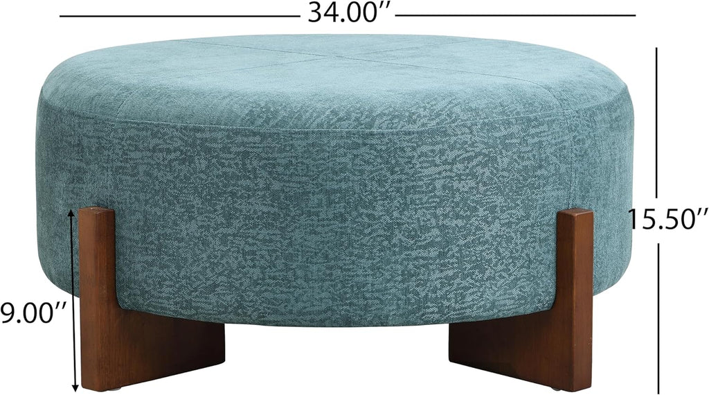 Christopher Knight Home Holmes Modern Chenille Upholstered Ottoman Coffee Table, Wooden Round Cocktail Ottoman, Large Living Room Sofa Footstool/Footrest, Teal Blue+Walnut